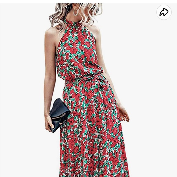 PRETTYGARDEN Women's Halter Floral Long Maxi Dress Ruffle Sundress with Belt - Picture 4 of 7